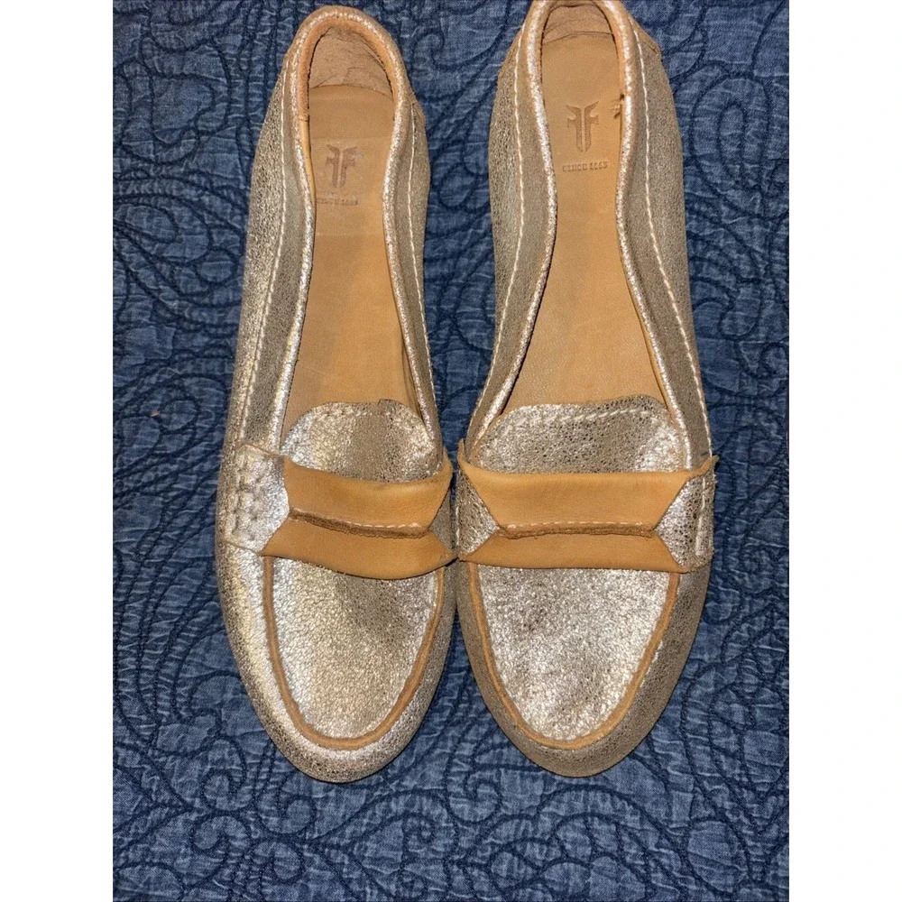 Frye Women's 8.5 M Sedona Seam Tan Leather Metallic Gold Loafer Shoes Flexible